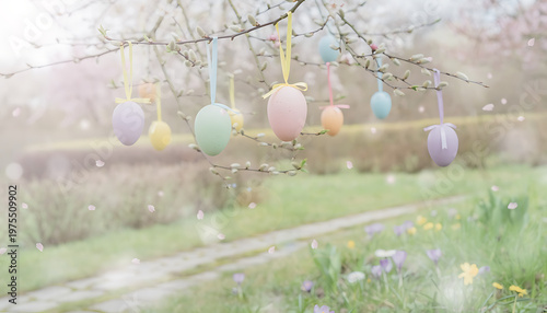 Easter eggs delicately hung on a blooming tree branch in soft, pastel colors, evoking a spring celebration