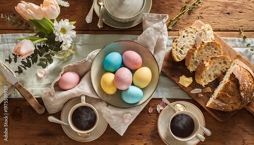 Festive Easter brunch spread featuring pastel-colored eggs, artisanal bread, delicate tulips, and steaming cups of coffee, captured from a bird's-eye view