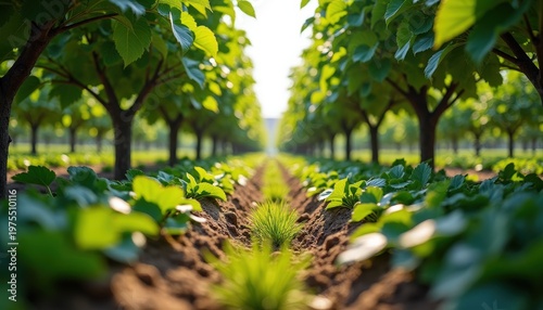 Lush green orchard rows bathed in warm sunlight showcasing young plants and mature trees in a symmetrical agricultural