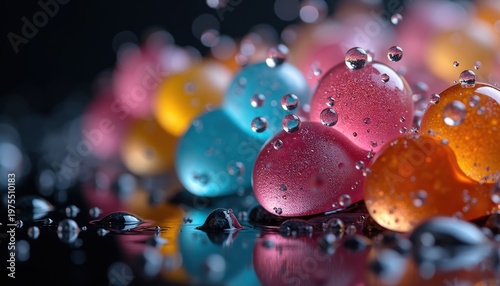 Macro Shot Of Colorful Translucent Spheres With Water Droplets Reflecting Light In Dark Background