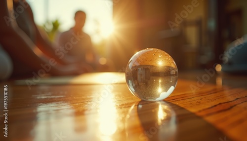 Sparkling Glass Orb Reflects Sunlight On Wooden Floor With People In Background