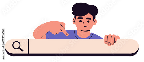 Flat vector illustration of a man pointing at a search bar with magnifying glass icon of search. suitable for website UI, mobile app interface, SEO, navigation, and digital marketing content.