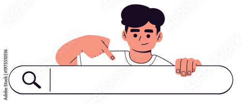 Flat vector illustration of a man pointing at a search bar with magnifying glass icon of search. suitable for website UI, mobile app interface, SEO, navigation, and digital marketing content.