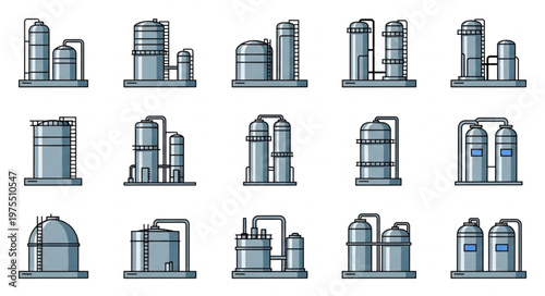 Collection of Industrial Plant Illustrations - Chemical and Oil Refinery Designs.