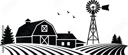 Rustic barn scene with windmill fields and flying birds vector illustration countryside landscape rural nature design