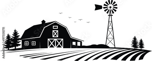 Rustic barn scene with windmill fields and flying birds vector illustration countryside landscape rural nature design