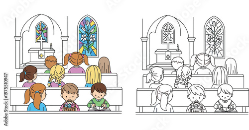 Sunday School Children in Church Interior Coloring Page and Color Illustration Set with Easter Eggs Stained Glass Windows and Pews for Religious Education Activities