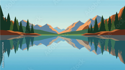 A serene lake reflection scene with perfect symmetry and peaceful ambiance