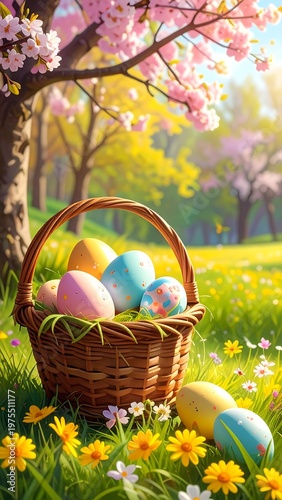 A wicker basket filled with colorful Easter eggs in a grassy field