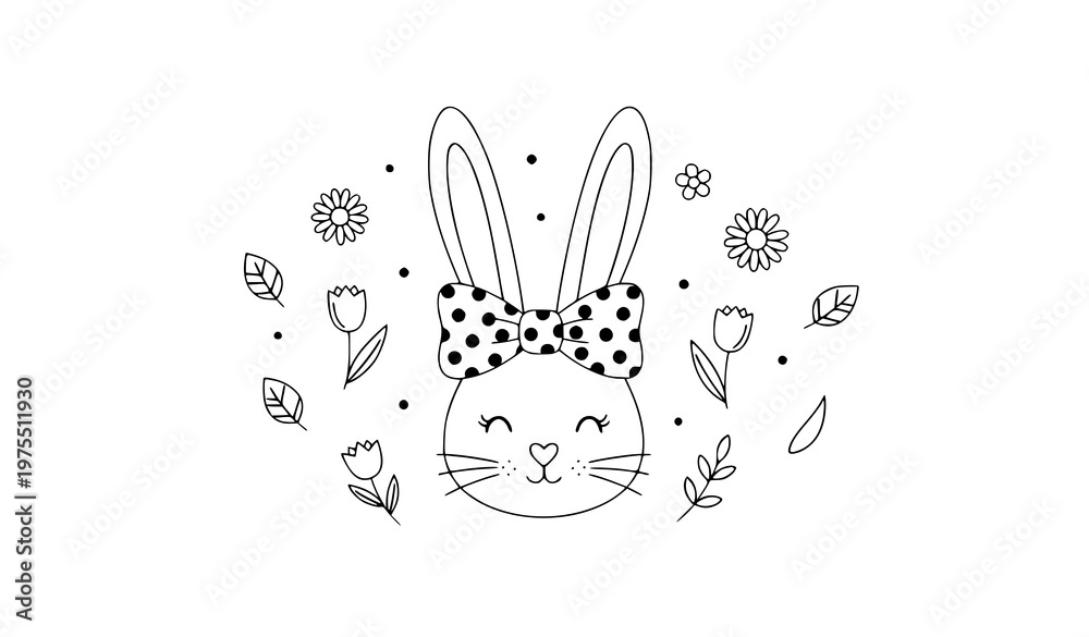 Obraz premium Adorable bunny head with polka dot ribbon and spring flowers minimalist Easter nursery vector illustration