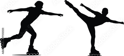 Roller skating silhouettes showing dynamic poses and balance in motion activity
