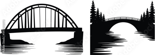 Architectural bridge illustration with water reflection and forest surroundings in monochrome style