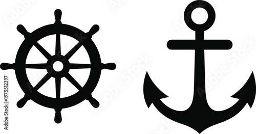 Nautical symbols with ship wheel and anchor in classic maritime silhouette design