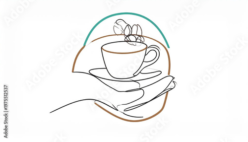 Minimalist hand holding a coffee cup, simple line art illustration.