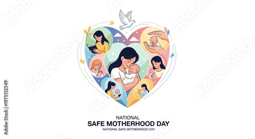 A vector illustration promoting National Safe Motherhood Day showcases a central image of a mother tenderly holding her baby, surrounded by vignettes of pregnant women and maternal care