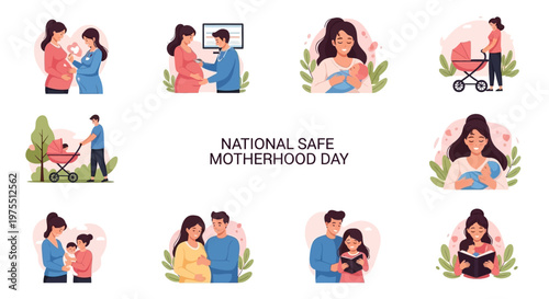 A collection of flat vector illustrations displays the pregnancy care concept, featuring expectant couples, mothers with newborns, and prenatal checkups against a clean white background