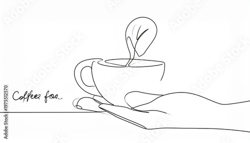 Minimalist hand holding a coffee cup with a plant growing.