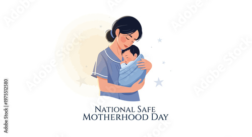 A tender maternity care illustration emphasizing maternal health awareness for National Safe Motherhood Day features a mother lovingly cradling her baby against a soft, speckled background