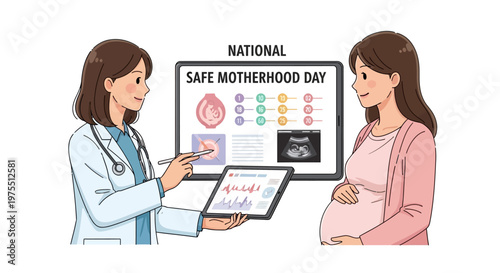 A doctor uses a tablet to explain prenatal care in this cartoon-style vector illustration, educating a pregnant woman about healthy pregnancy and childbirth safety, with a clean white