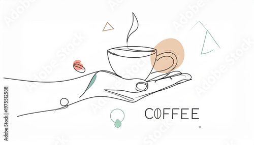 Minimalist hand holding coffee cup, line art illustration, white background.