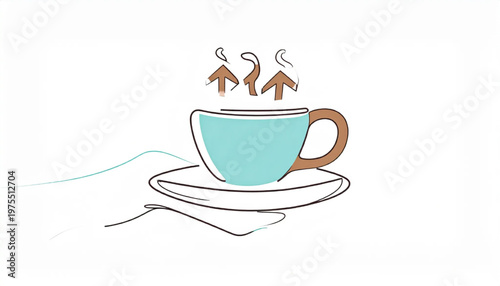 Minimalist illustration of a steaming cup of coffee on a saucer, hand-drawn style.