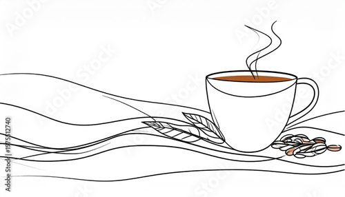 Minimalist illustration of a steaming cup of coffee with artistic lines.