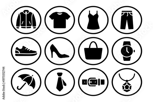 Set of 12 black icons representing clothing and accessories in circles with t shirt high heels buckle belt pendant necklace clothing accessories collection footwear