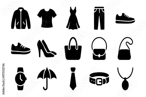 Assortment of 15 black icons showing various clothing items and accessories with t shirt high heels crossbody bag buckle belt pendant necklace clothing accessories footwear