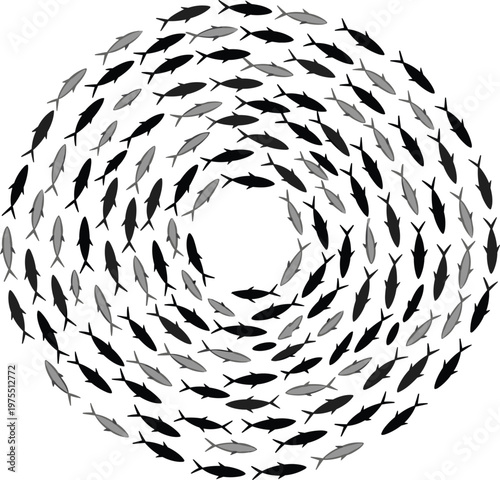 Abstract fish swarm illustration creating spiral shape representing coordination and group behavior