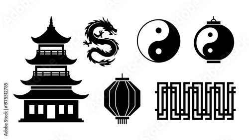 Chinese pagoda dragon yin yang lantern vector graphics with black and white illustration ornament mythology oriental silhouette artistic decorative collection symbolic