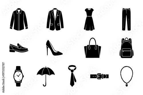 Assortment of 15 black icons showing various clothing items and accessories with t shirt high heels crossbody bag buckle belt pendant necklace clothing accessories footwear