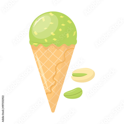 Pistachio ice cream cone with nut pieces and creamy texture. Fresh summer dessert, vector illustration isolated on white background.