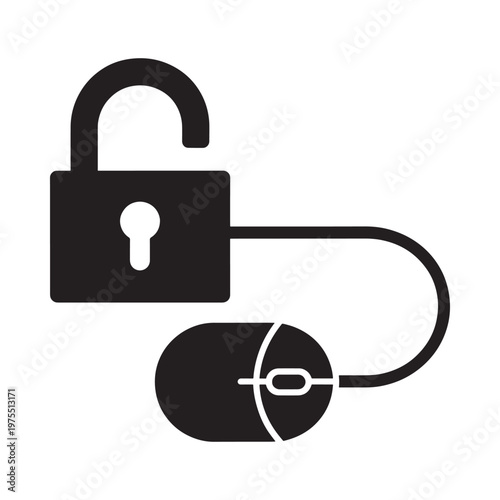 An unlocked padlock connected to a computer mouse in silhouette
