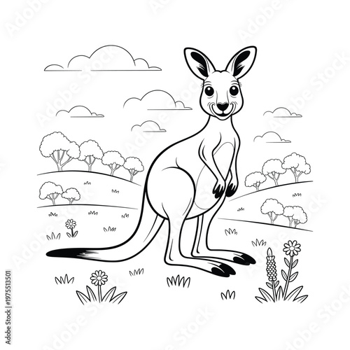 Cute kangaroo in field coloring page outline