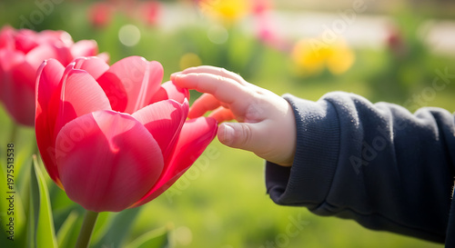 Wallpaper Mural A hand reaching out to touch red tulips in a garden Torontodigital.ca