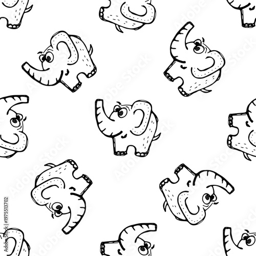 Seamless pattern of cartoon elephants with expressive eyes and curled trunks on transparent background