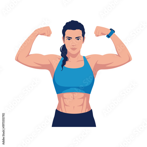 Strong athletic woman with bicep muscles posing