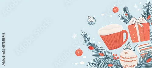A cozy winter holiday banner with warm lights, festive decorations, snowflakes, pine branches, and a soft inviting seasonal background design