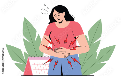 Woman suffering from abdominal pain and menstrual cramps, flat