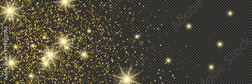 Gold glittering dust with stars on transparent backdrop