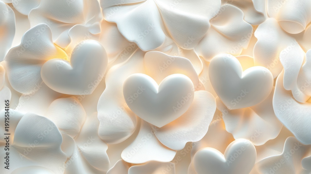 Obraz premium 38.Delicate 3d floral hearts arranged in a continuous repeating layout, gentle curves and carved textures illuminated by soft ambient light.
