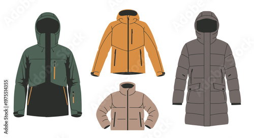Four Different Colored Winter Parka Jackets.