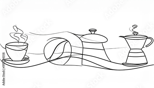 Minimalist coffee art - cup, bean, pot, and maker in line drawing.