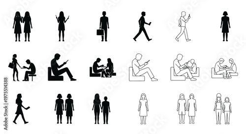 People in various body postures walking.