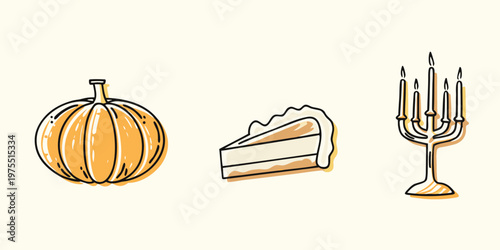 Autumnal still life featuring a pumpkin cake and menorah illustration