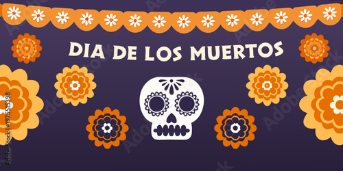 Dia de los Muertos celebration with sugar skull and floral decorations