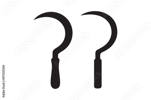Two black silhouettes of traditional farming sickles displayed on white