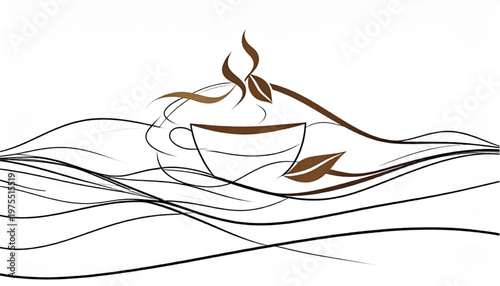 Minimalist coffee cup illustration with steam and leaves, artistic design.