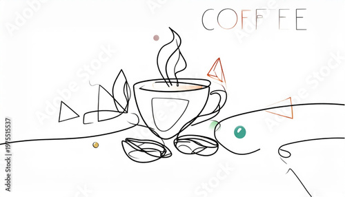 Minimalist coffee cup illustration with steam and coffee beans on white background.
