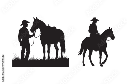 Silhouettes of cowboys with horses in a grassy western landscape